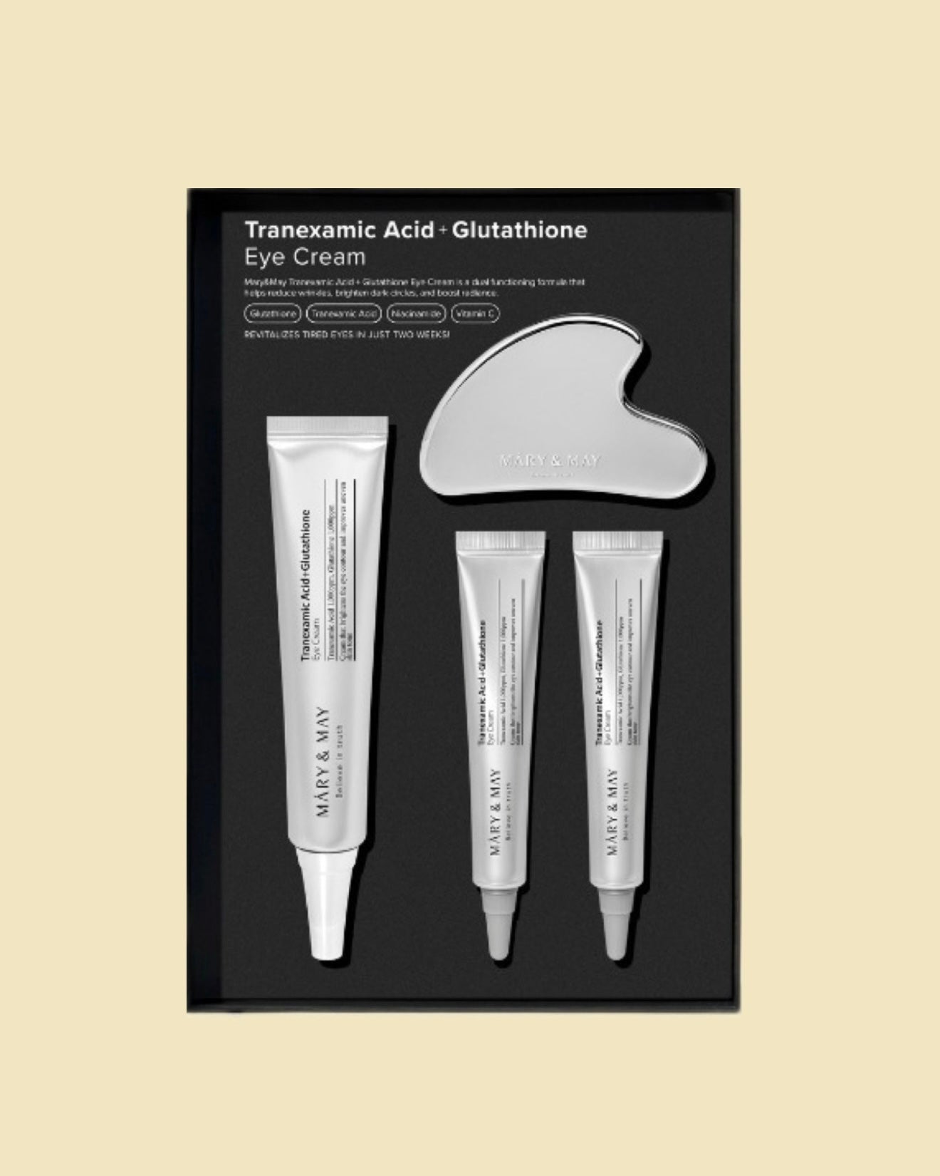 MARY & MAY Tranexamic Acid + Glutathione Eye Cream Kit Set + Gua-Sha